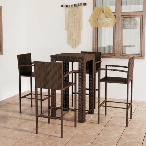 5 Piece Outdoor Bar Set with Armrest Poly Rattan Brown - Garden Set