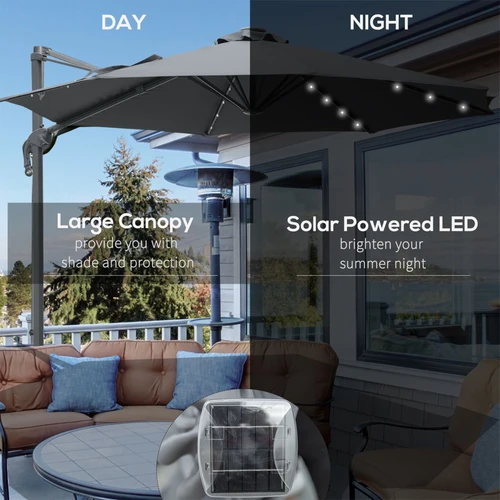 3m Cantilever Patio Umbrella with Solar Powered LED Lights for Outdoor Entertaining by Outsunny