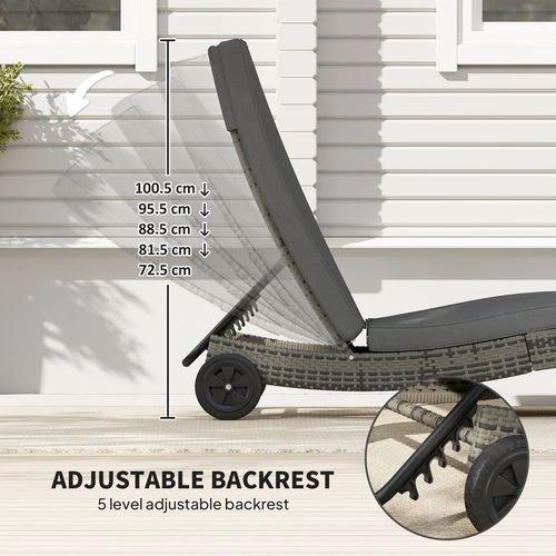 Outsunny Outsunny Outdoor Rattan Sun Lounger with Reclining Back, Wheels, Dark Grey - Sun Lounger