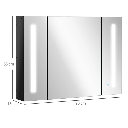 Kleankin LED Bathroom Mirror Cabinet 90cm x 65cm x 15cm with Touch Sensor Lighting for Modern Home Organization by Unbranded