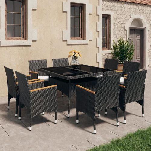vidaXL 9 Piece Garden Dining Set Poly Rattan and Tempered Glass Black - Garden Set