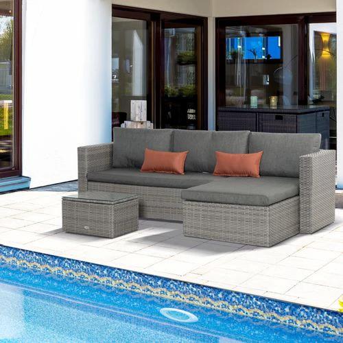 3 Pc PE Rattan Corner Sofa Set, w/ Tempered Glass Table-top & Soft Cushion Grey by Outsunny