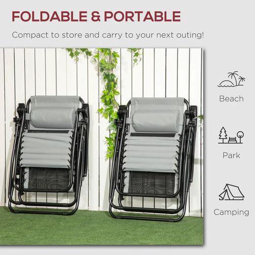 Foldable Garden Recliner Chair Set of 2 w/ Footstool & Headrest, Grey by Outsunny