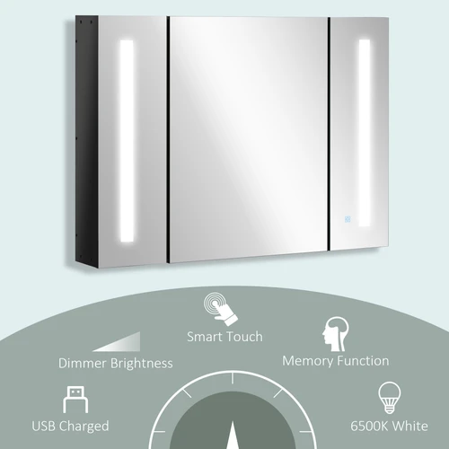 Kleankin LED Bathroom Mirror Cabinet 90cm x 65cm x 15cm with Touch Sensor Lighting for Modern Home Organization by Unbranded