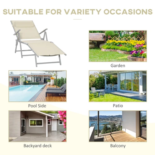 Beige Folding Chaise Lounge Chair with Seven Adjustable Backrest for Outdoor Relaxation by Outsunny
