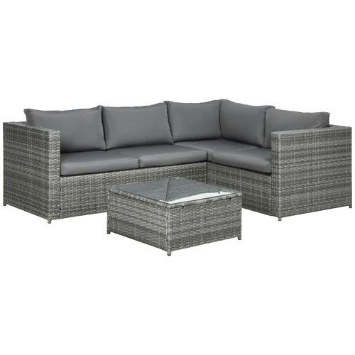 Outsunny 3Pcs Rattan Corner Sofa Set Coffee Table Garden Furniture w/ Cushion by Outsunny