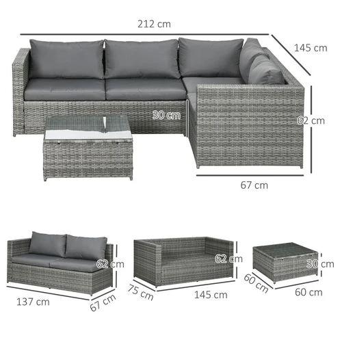 Outsunny Outsunny 3Pcs Rattan Corner Sofa Set Coffee Table Garden Furniture w/ Cushion - Garden Sofa Sets