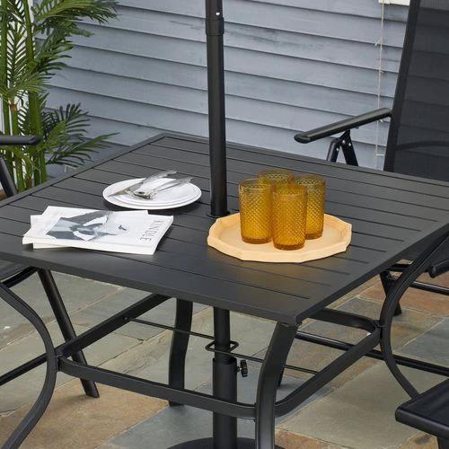 Outsunny Garden Table with Parasol Hole for Four, Slatted Metal Plate Top by Outsunny