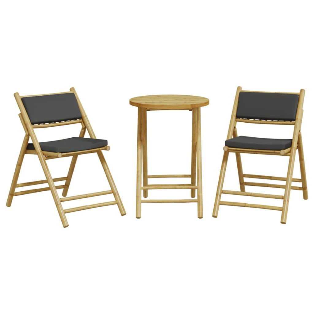 vidaXL 3 Piece Folding Bistro set with Cream White Cushions Bamboo - Bistro Sets