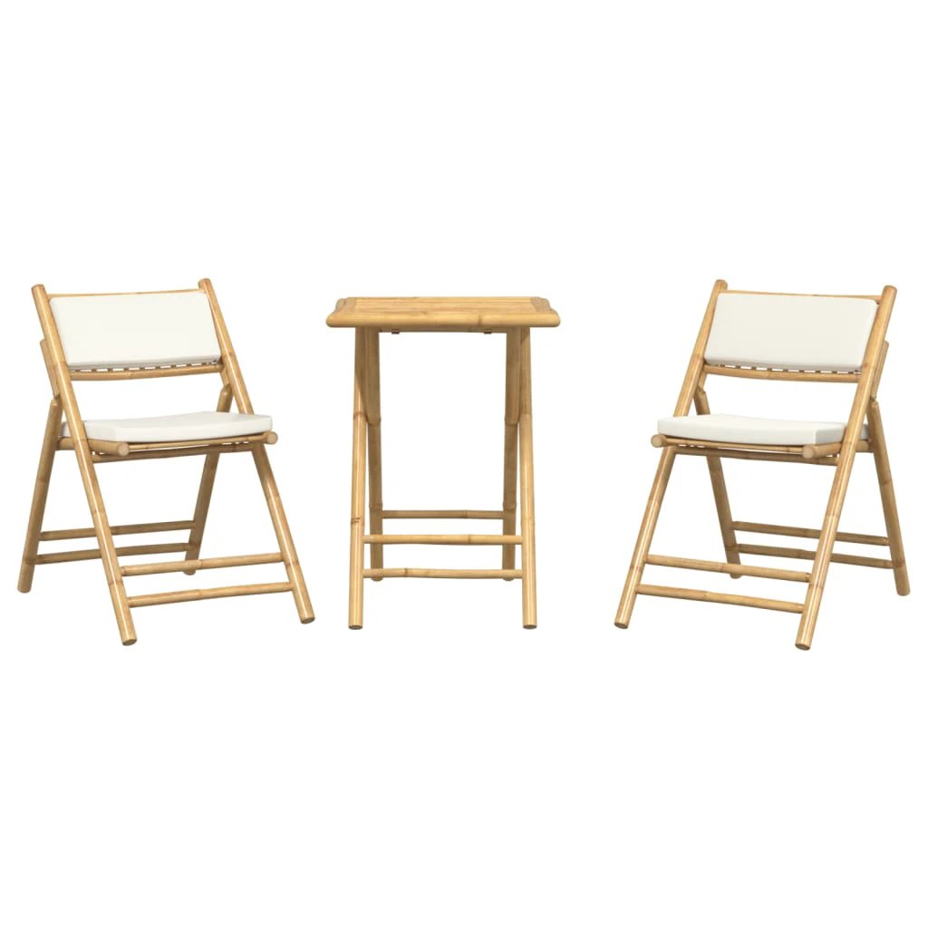 vidaXL 3 Piece Folding Bistro set with Cream White Cushions Bamboo - Bistro Sets