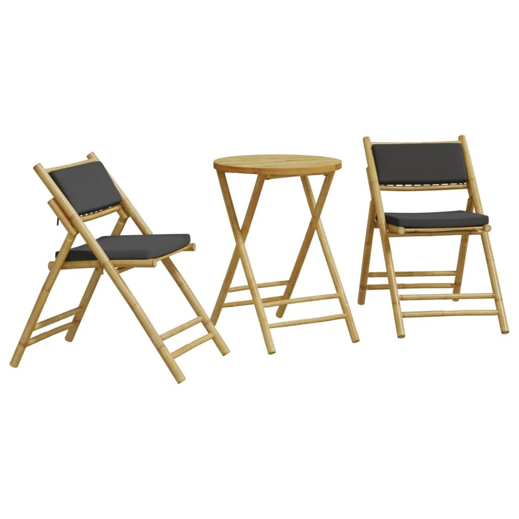 vidaXL 3 Piece Folding Bistro set with Cream White Cushions Bamboo - Bistro Sets
