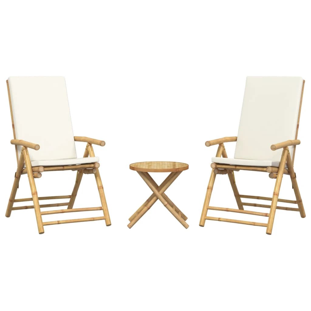 vidaXL 3 Piece Folding Bistro set with Cream White Cushions Bamboo - Bistro Sets