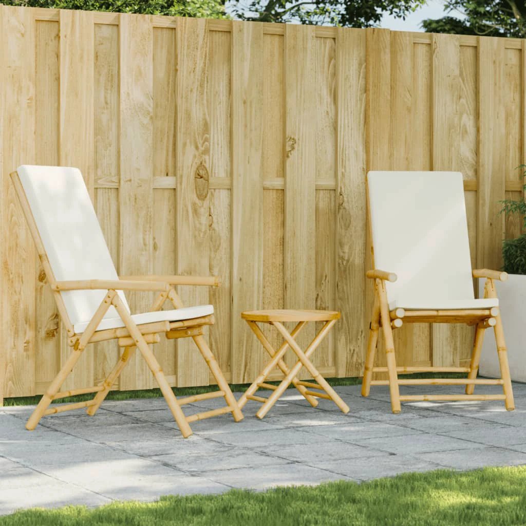 vidaXL 3 Piece Folding Bistro set with Cream White Cushions Bamboo - Bistro Sets