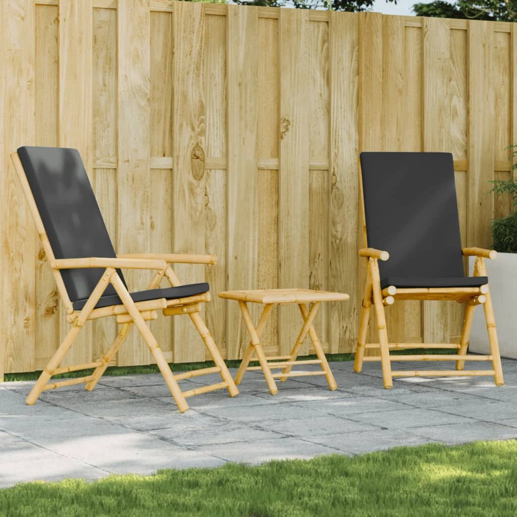 vidaXL 3 Piece Folding Bistro set with Cream White Cushions Bamboo - Bistro Sets