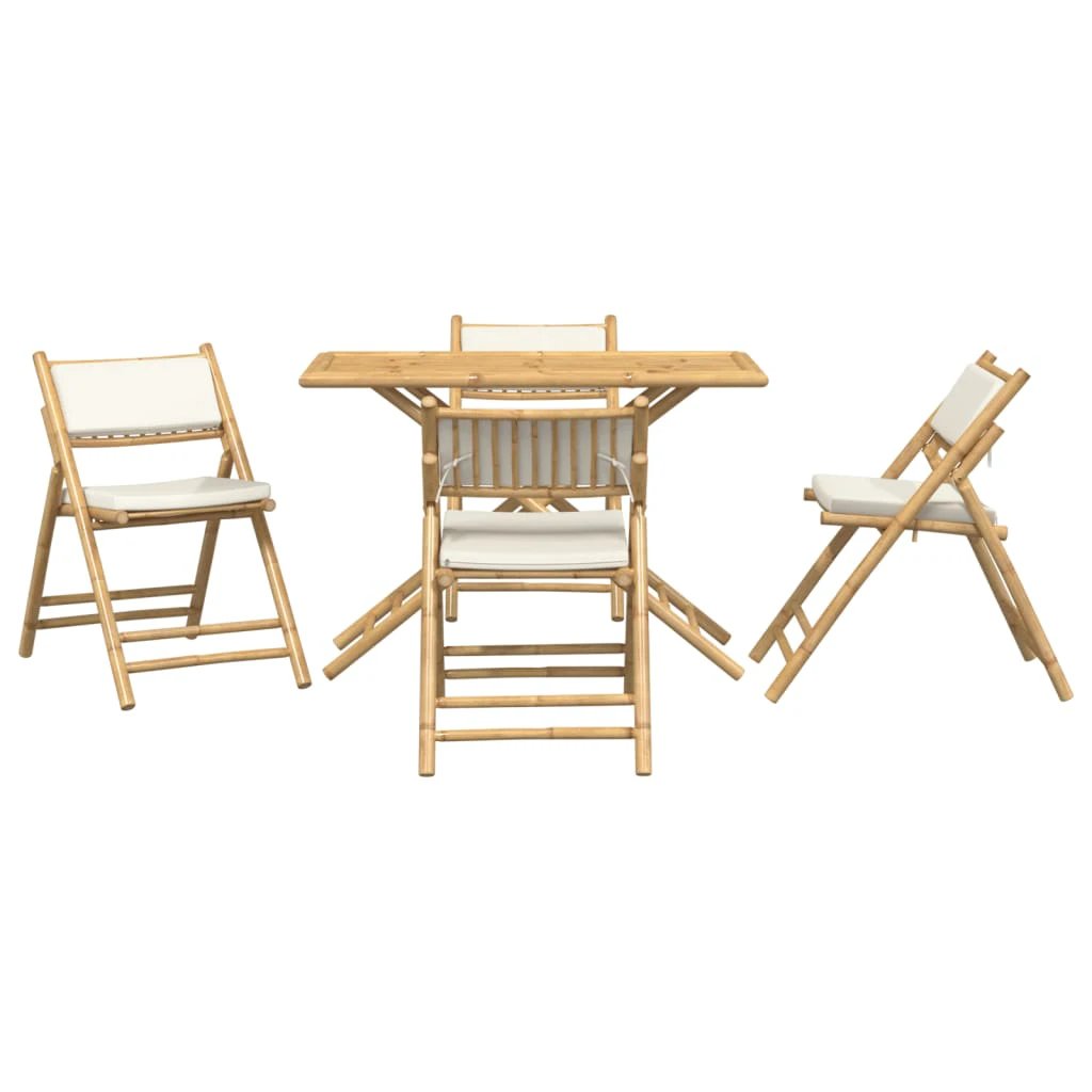 vidaXL 5 Piece Folding Bistro set with Cream White Cushions Bamboo by vidaXL