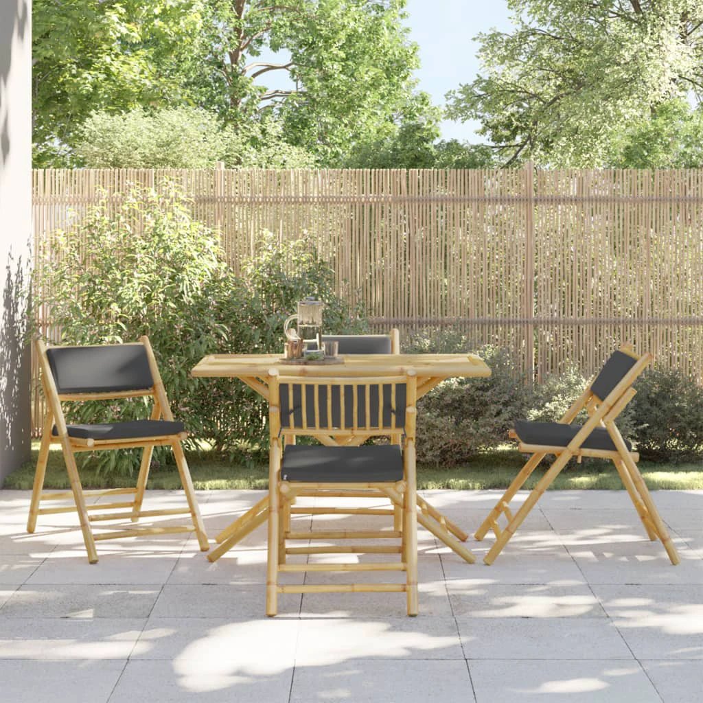 vidaXL 5 Piece Folding Bistro set with Cream White Cushions Bamboo by vidaXL