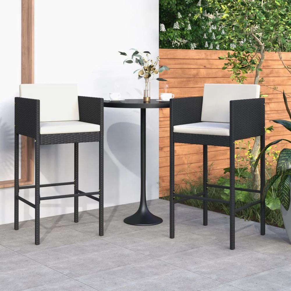 Bar Stools 2 pcs with Cushions vidaXL Black Poly Rattan by vidaXL