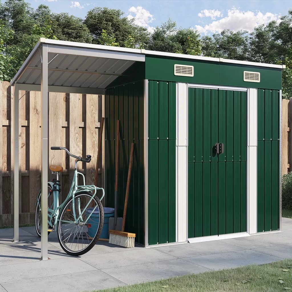 vidaXL vidaXL Garden Shed with Extended Roof Green 277x110.5x181 cm Steel - Garden Shed