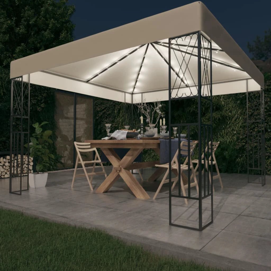 vidaXL Gazebo with LED String Lights 3x3 m Cream Fabric - Gazebos
