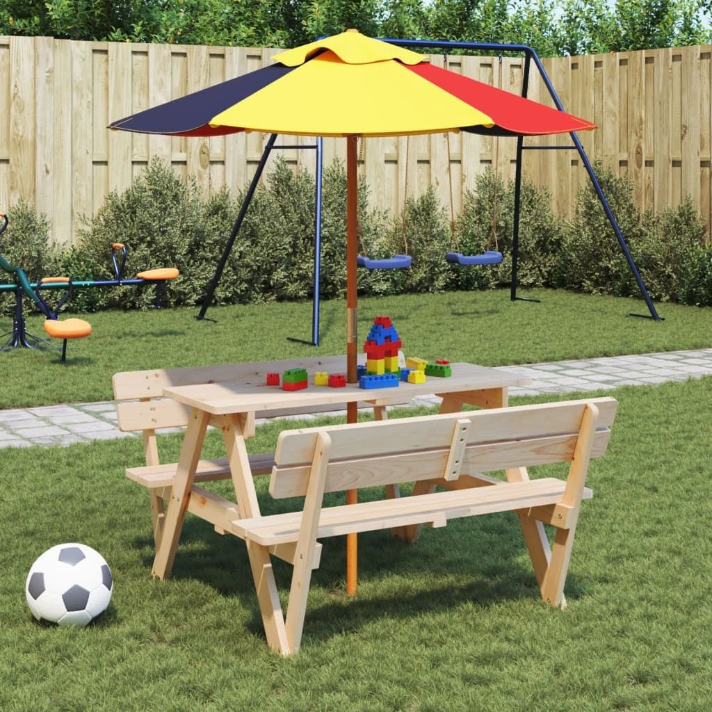 vidaXL Picnic Table for 4 Kids with Umbrella Hole Solid Wood Fir - Picnic Tables