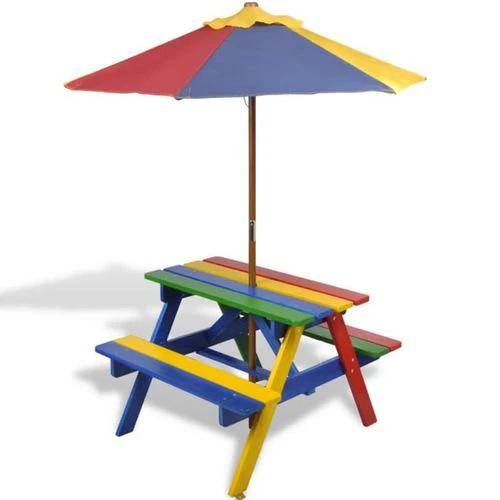 vidaXL Kids' Picnic Table with Benches and Parasol Multicolour Wood - Picnic Tables