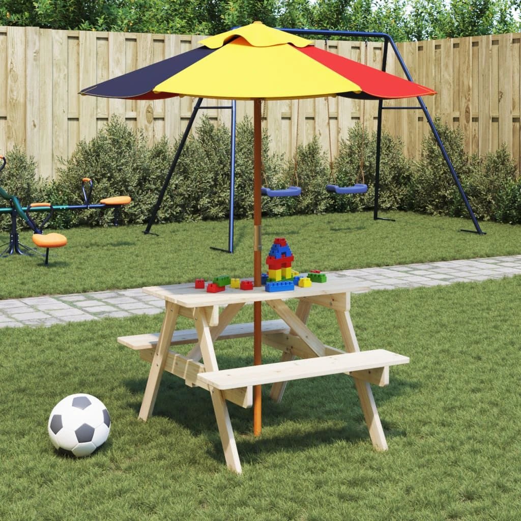 vidaXL vidaXL Kids' Picnic Table with Benches and Parasol Multicolour Wood - Picnic Tables