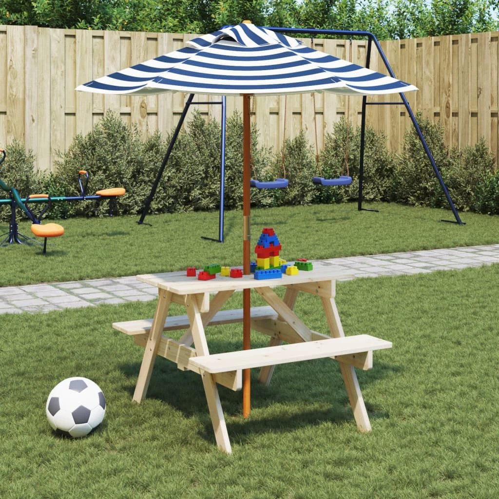 vidaXL vidaXL Kids' Picnic Table with Benches and Parasol Multicolour Wood - Picnic Tables