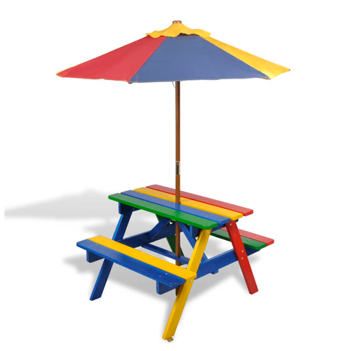 vidaXL Kids' Picnic Table with Benches and Parasol Multicolour Wood by vidaXL