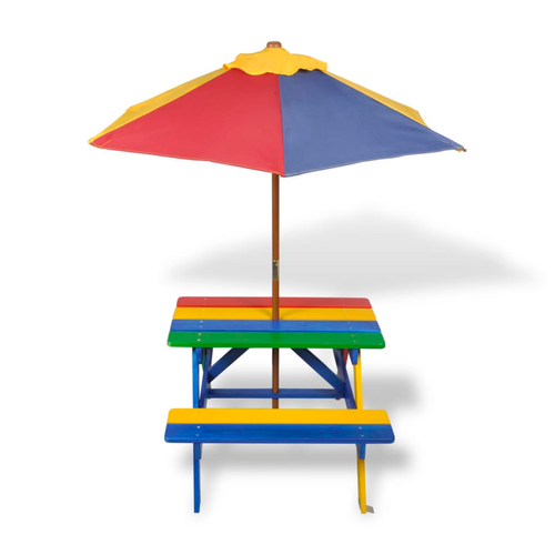 vidaXL Kids' Picnic Table with Benches and Parasol Multicolour Wood by vidaXL