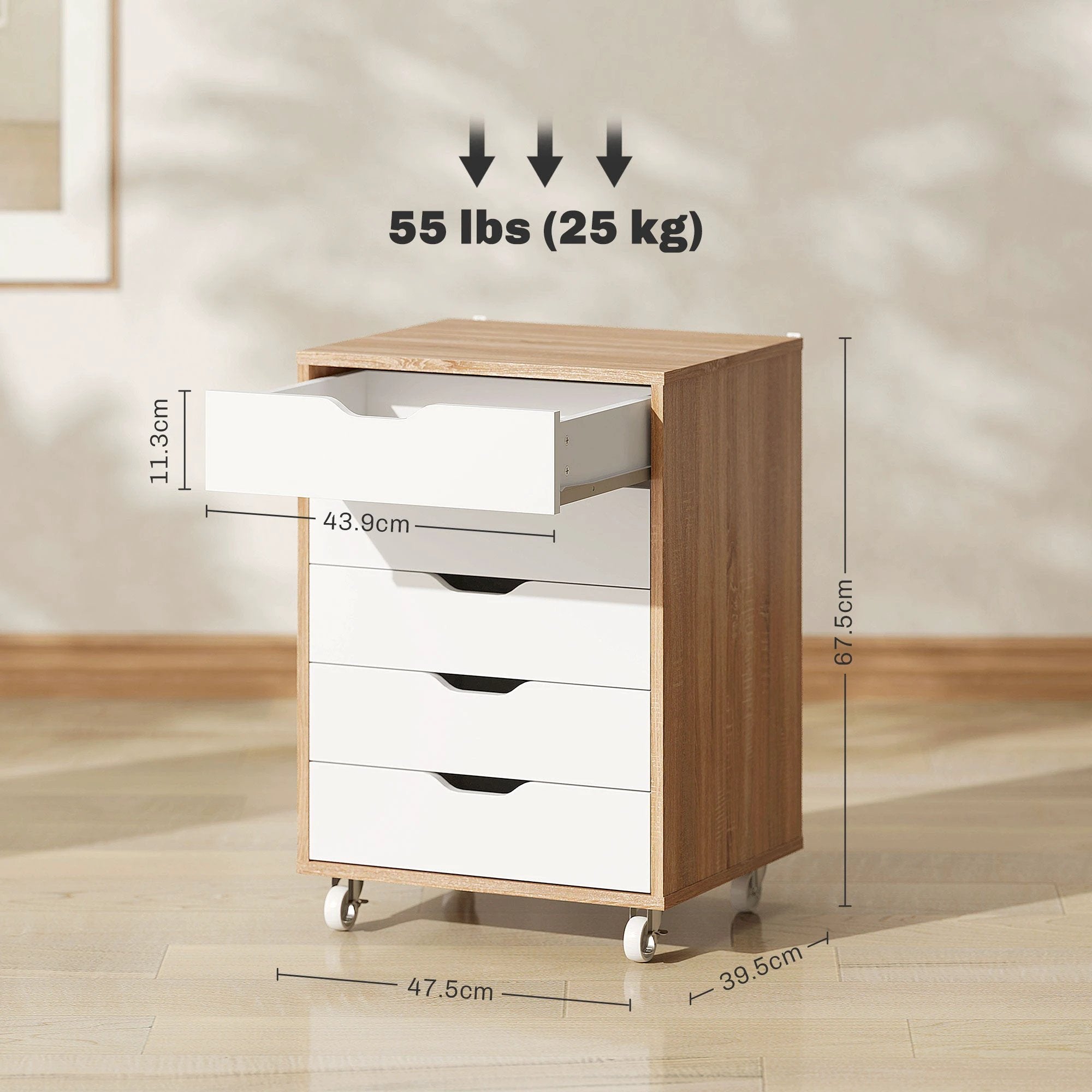 Vinsetto Vinsetto Mobile Filing Cabinet, 5-drawer File Cabinet with Wheels, Oak - Filing Cabinet