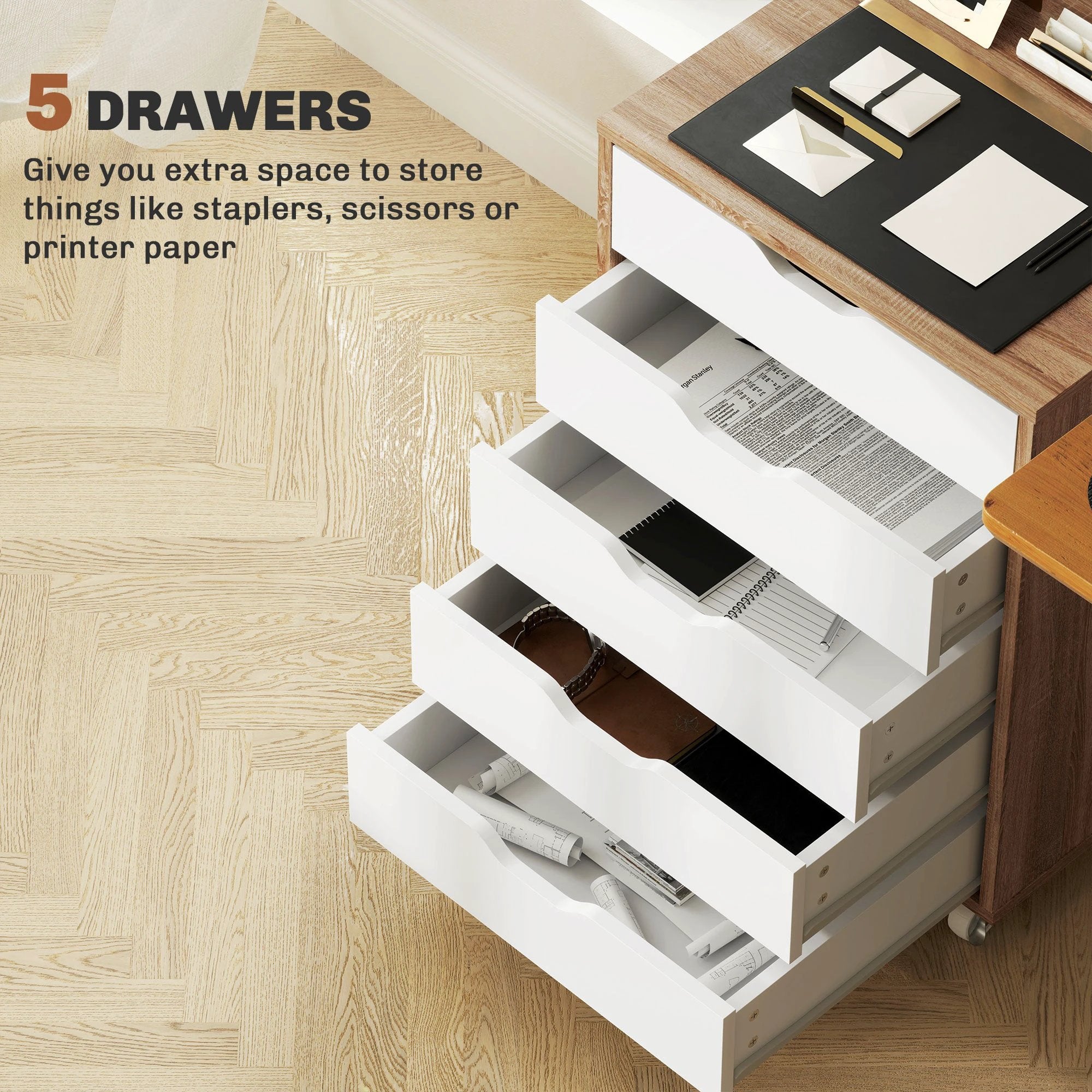 Vinsetto Vinsetto Mobile Filing Cabinet, 5-drawer File Cabinet with Wheels, Oak - Filing Cabinet