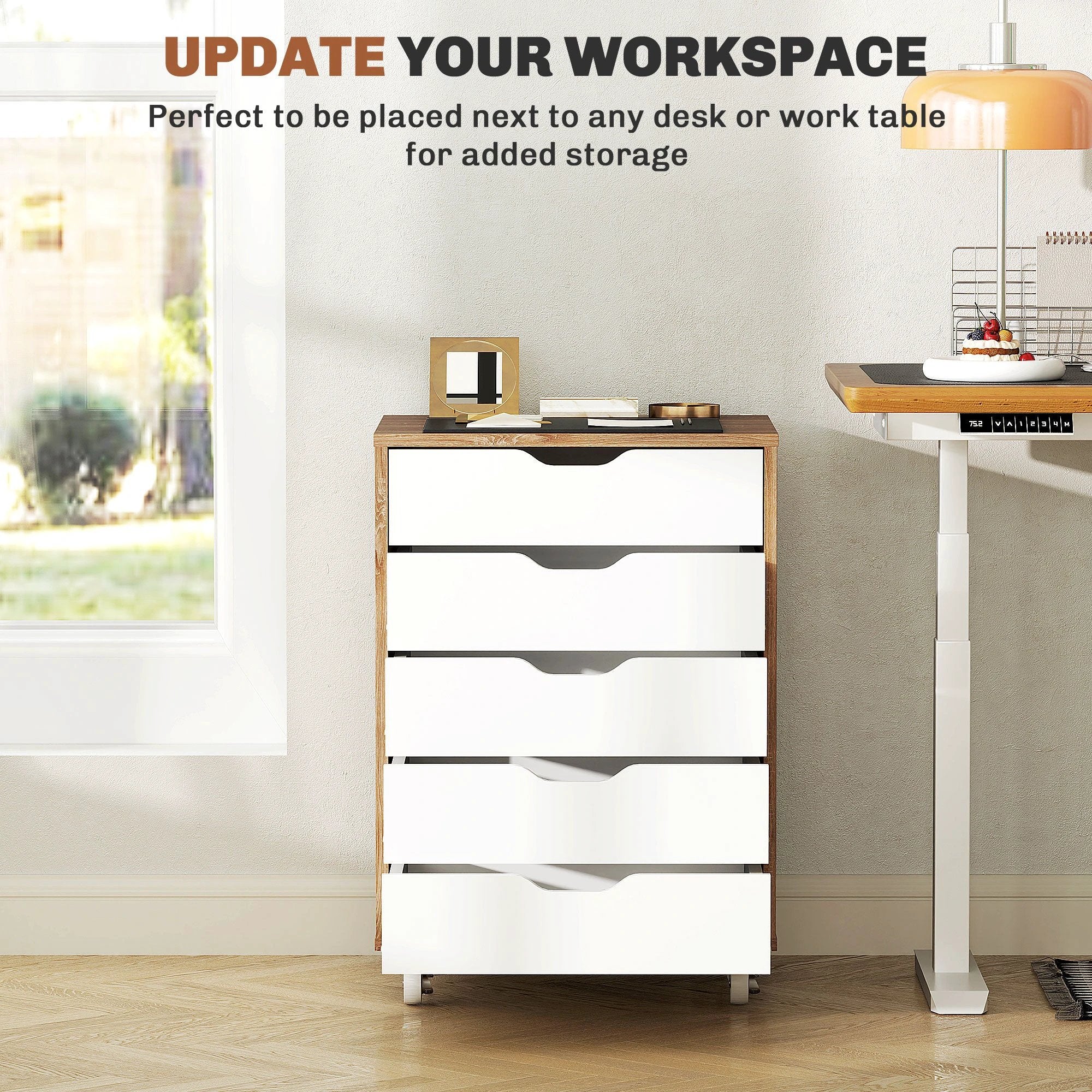 Vinsetto Vinsetto Mobile Filing Cabinet, 5-drawer File Cabinet with Wheels, Oak - Filing Cabinet