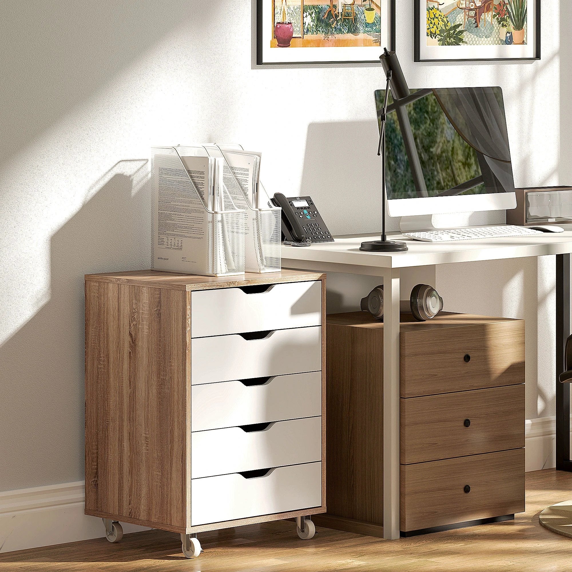 Vinsetto Vinsetto Mobile Filing Cabinet, 5-drawer File Cabinet with Wheels, Oak - Filing Cabinet