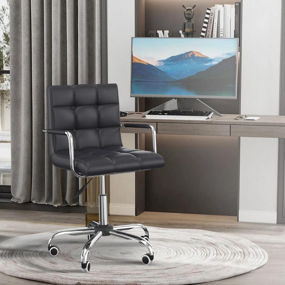 Mid Back PU Leather Home Office Chair Swivel Desk Chair with Arm, Wheel, Black by Vinsetto