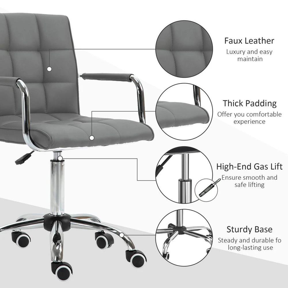 Mid Back PU Leather Home Office Chair Swivel Desk Chair with Arm, Wheel, Grey by Vinsetto