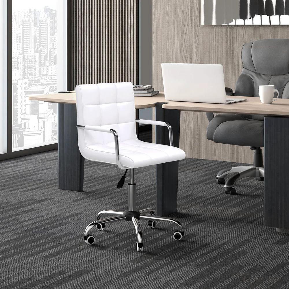 Mid Back PU Leather Home Office Chair Swivel Desk Chair with Arm, Wheel, White by Vinsetto