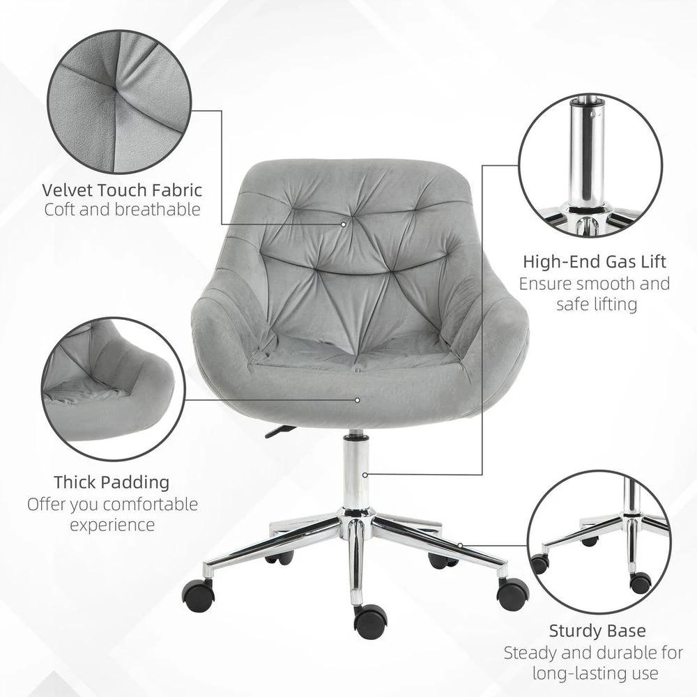 Velvet Home Office Chair Comfy Desk Chair w/ Adjustable Height Armrest Grey by Vinsetto
