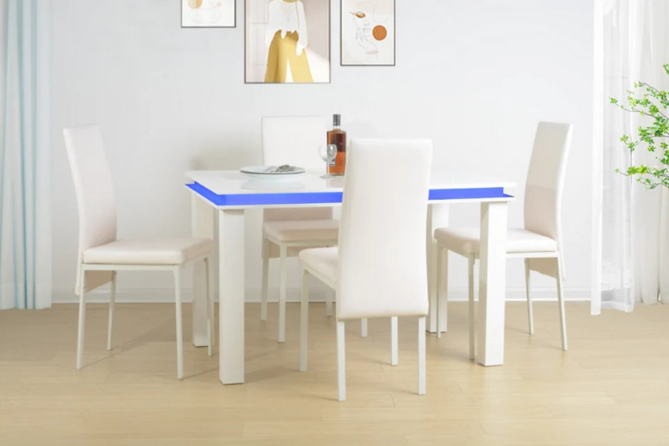 Effulgence white dining table set with blue outline of table for modern dining room high gloss