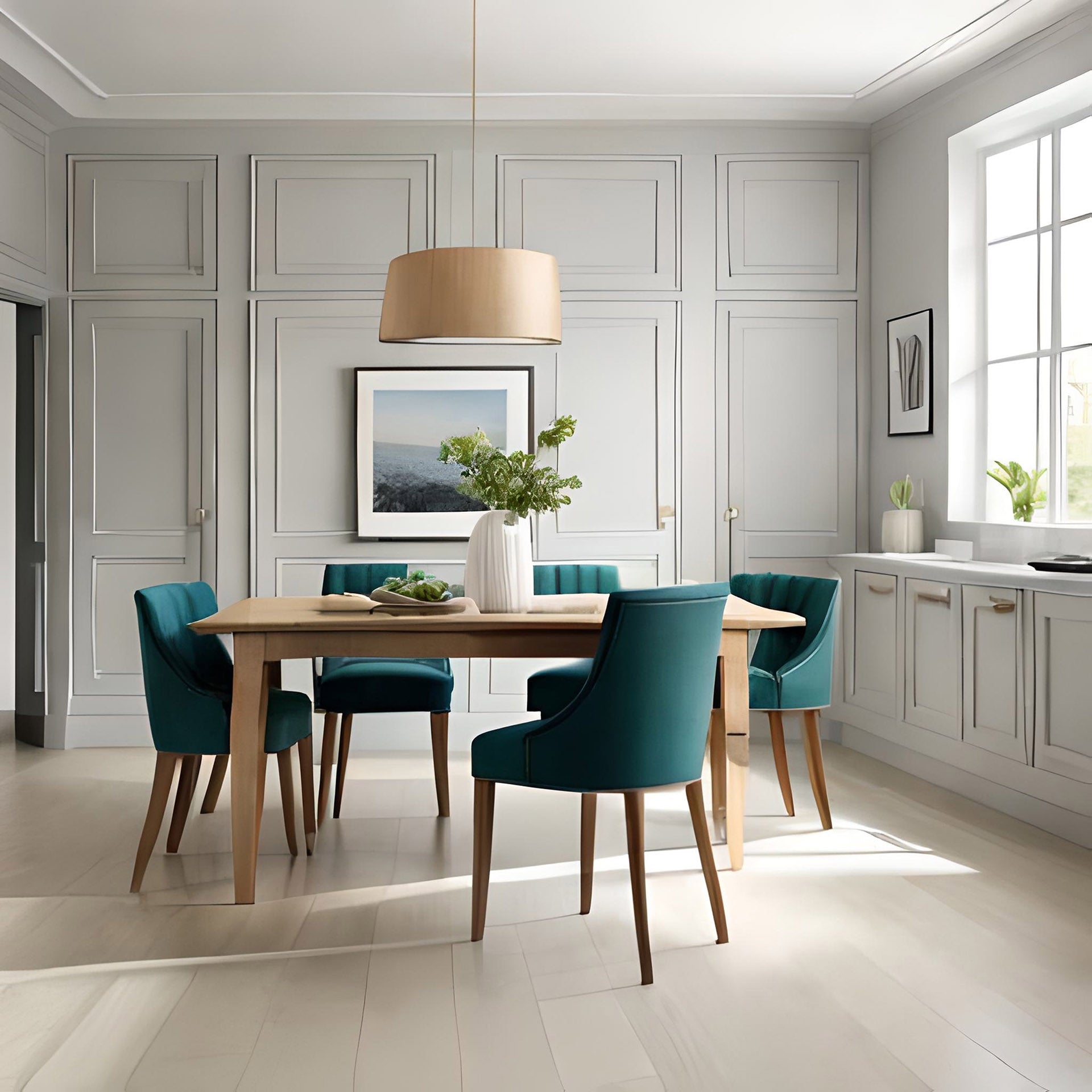Green fabric dining room set in a modern dining room