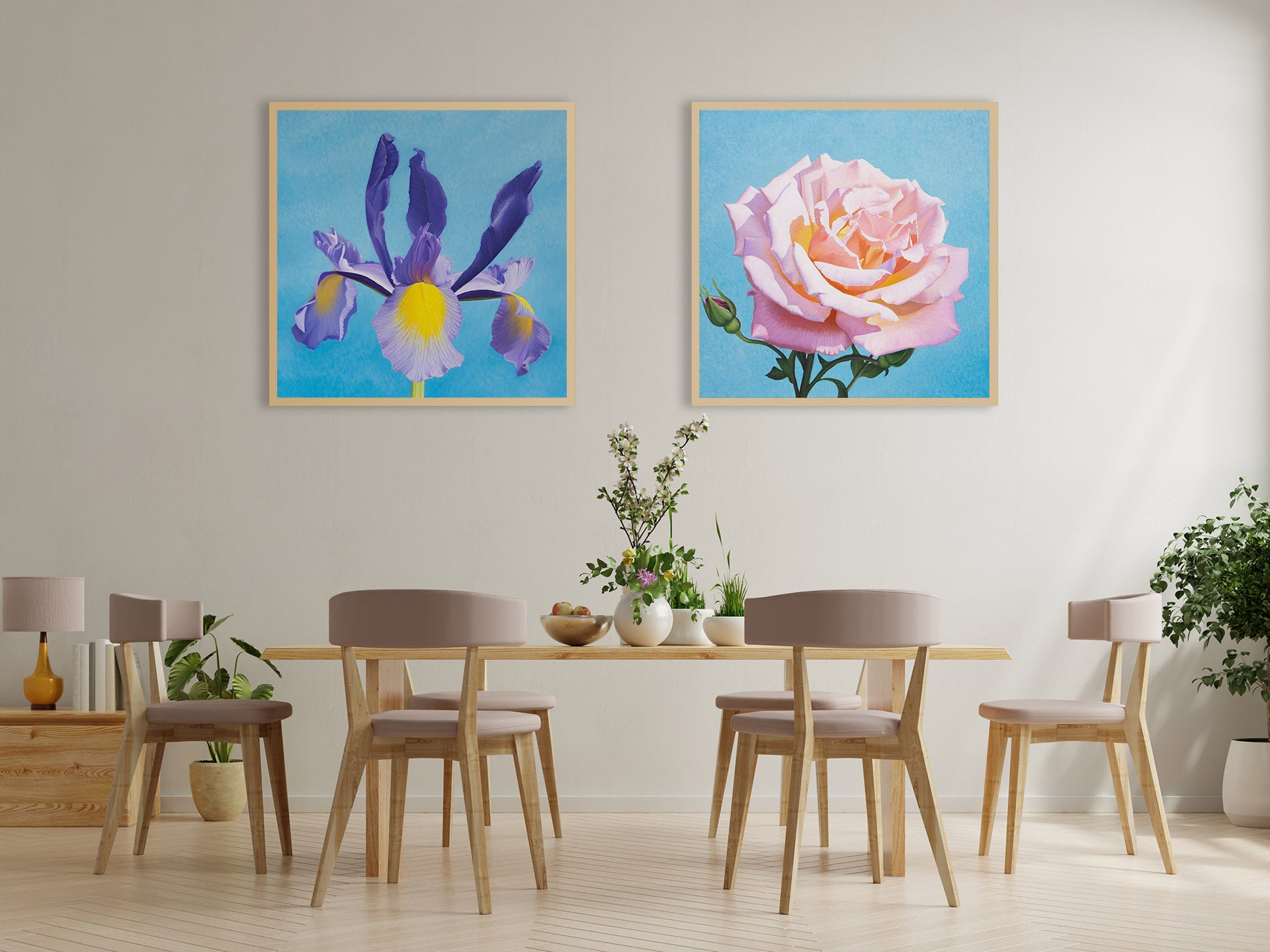Wooden dining chair set with table and wall art in background