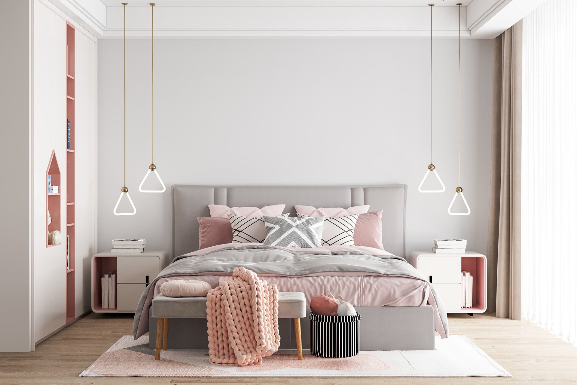 super king sized bed with hanging lights and cushions