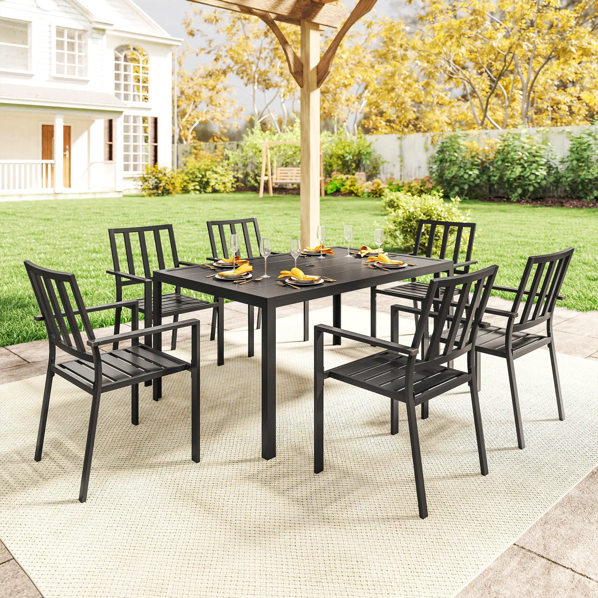 Outsunny Outsunny 7 PCs Garden Dining Set w/ Stackable Chairs and Metal Top Table, Black - Garden Set