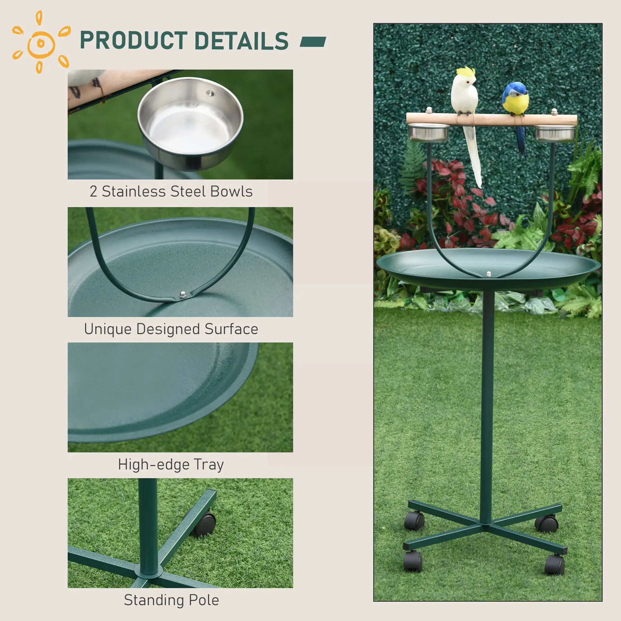 PawHut PawHut Bird Perch Stand, T-Stand Bird Training with Perch, Wheels, Bowls, Green - Bird Feeder