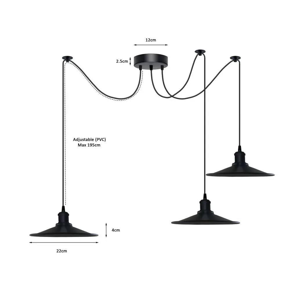 Un-branded Black Vintage 3 Head Cone shaped shade Ceiling Pendant Light Fitting with Adjustable Cord Hanging Light Fixture - Pendant Lights