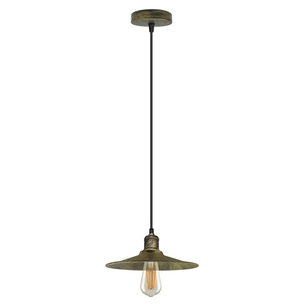 LEDSONE Vintage Industrial Brushed Brass Ceiling Pendant Light Adjustable Cord E27 Base Hand Brushed Finished Flat Cone Shaped - Pendant Lights