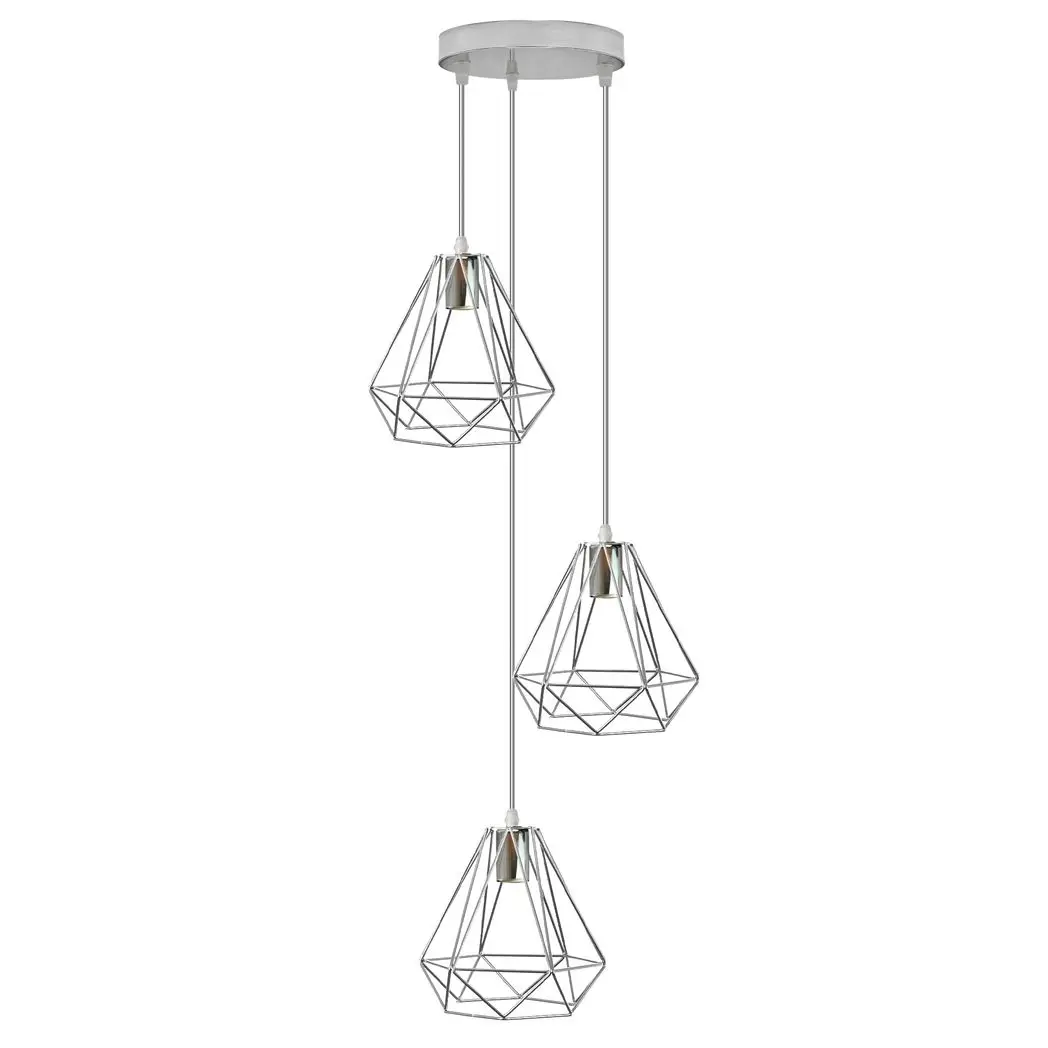 LEDSONE 3 Head Round Base Chrome Vintage Metal 20cm Diamond Wire Cage E27 Base Ceiling Pendant Light Fitting - Pendant Lights