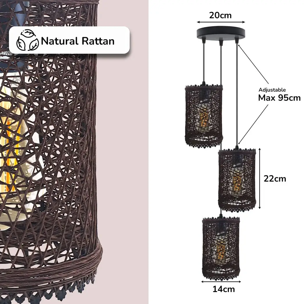 LEDSONE 3 Head Round Base Natural Wicker Rattan Ceiling Pendant Light Shade - Pendant Lights