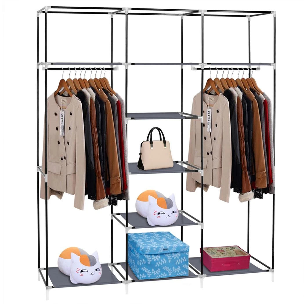 N/A 69" Portable Clothes Closet Non-Woven Fabric Wardrobe Double Rod Storage Organizer Gray -