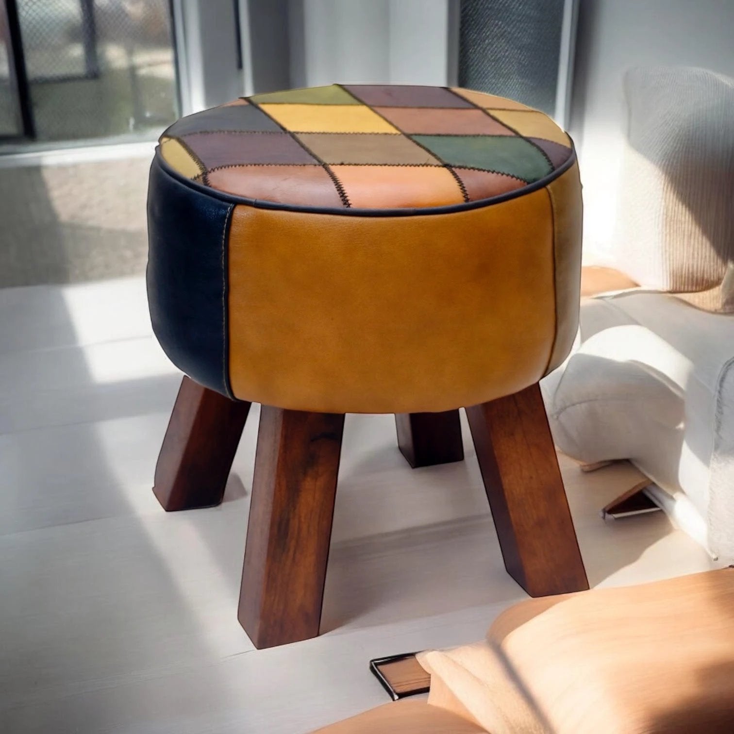 Premium Leather Stool 42cm Harlequin Pattern Home by MSL