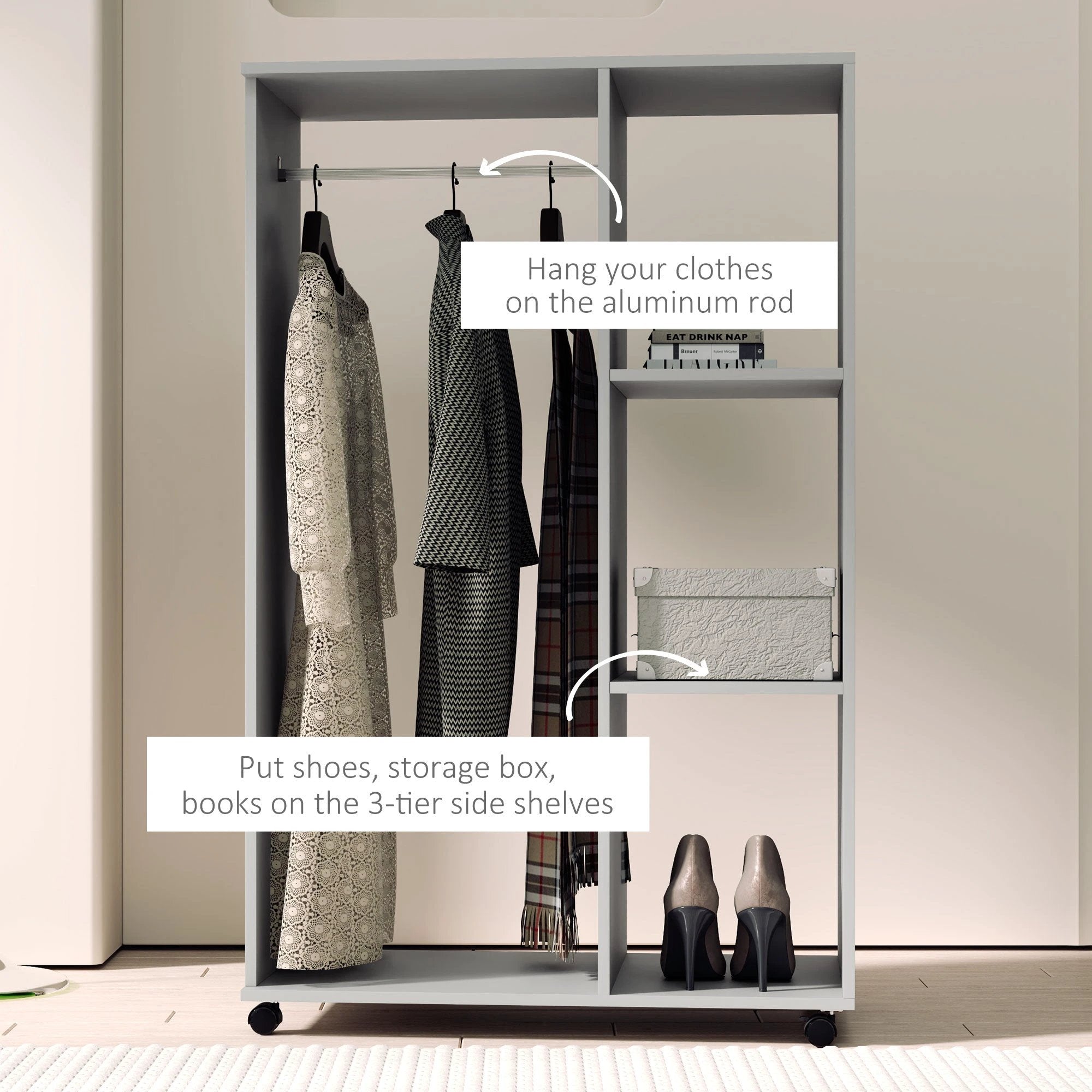 HOMCOM HOMCOM Rolling Open Wardrobe Hanging Rail Storage Shelves for Clothes, Grey - Wardrobe